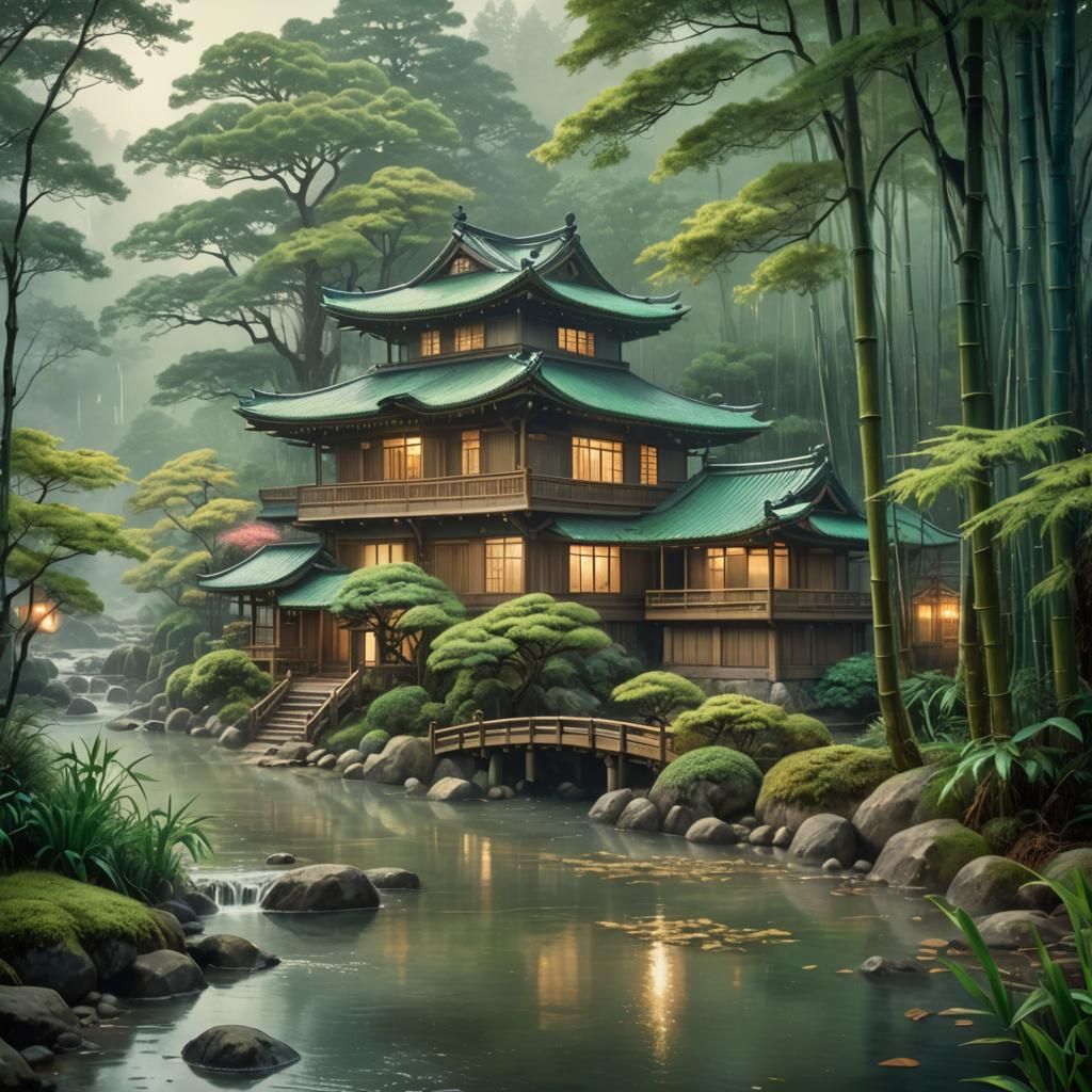 Misty Bamboo Forest House in Kinkade Style
