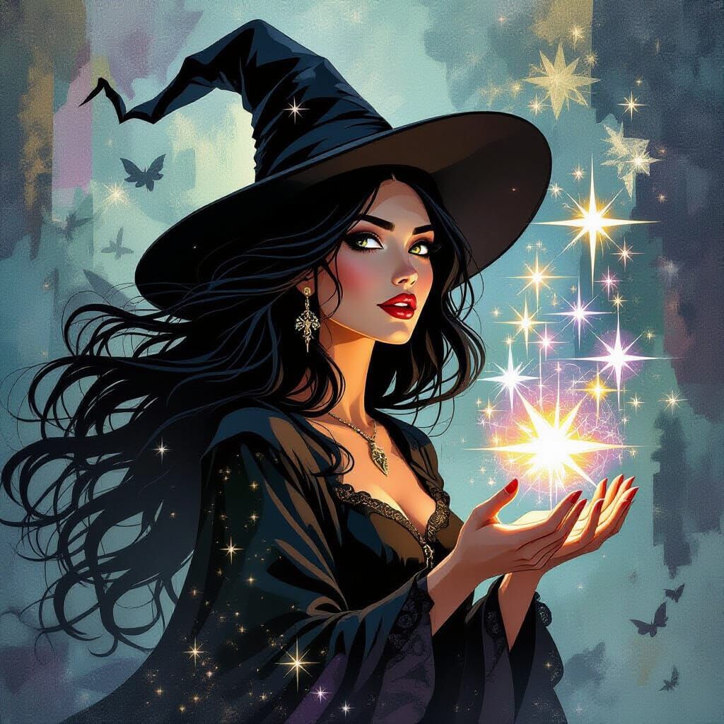Surreal Cubist Montage of a Witch with Sparkly Spells