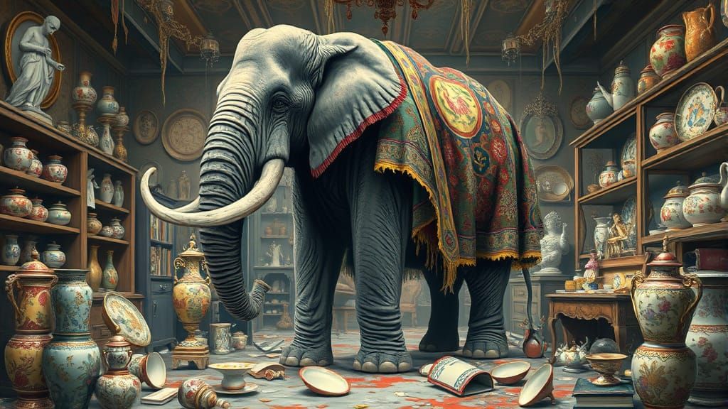 Frenzied Elephant Amidst Shattered China Shop in Vibrant, Ex...