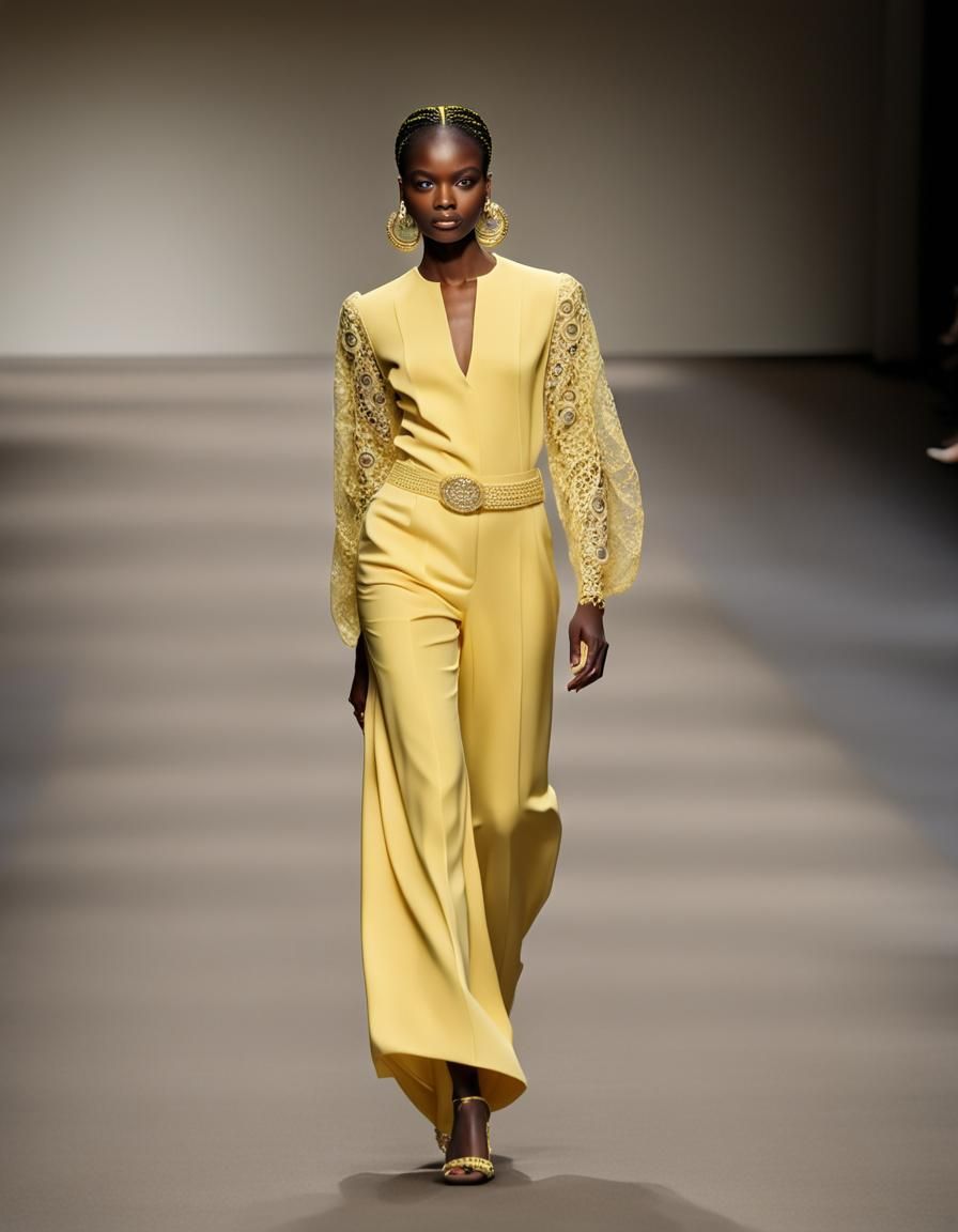 African Model in Yellow Palazzo Jumpsuit on Runway