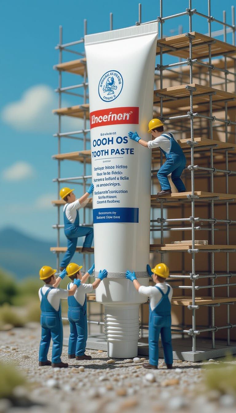 Miniature Workers Tame Giant Toothpaste Tube
