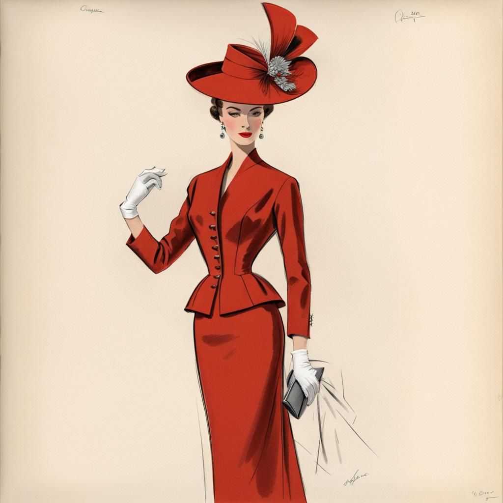 Haute Couture Suit Sketch in Red Silk, 1956