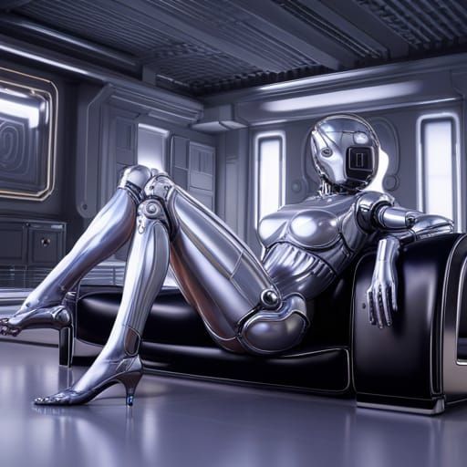Chrome Robot Woman Watching TV in Sci-Fi Style