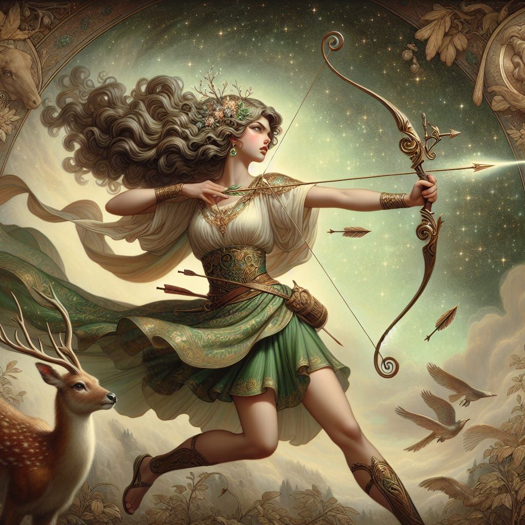 Goddess Diana: Baroque Art Nouveau Archer in Oil