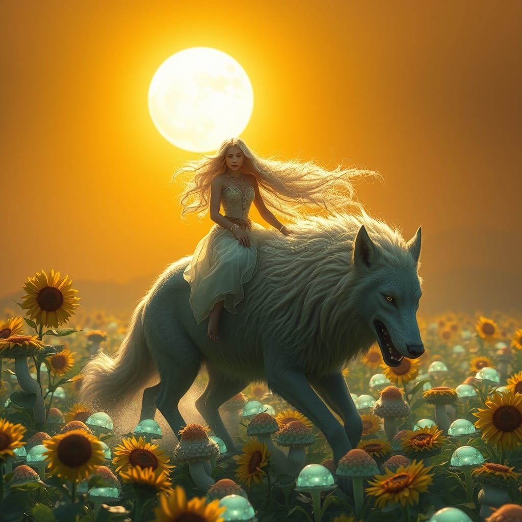 Elven Woman on Direwolf in Bioluminescent Field