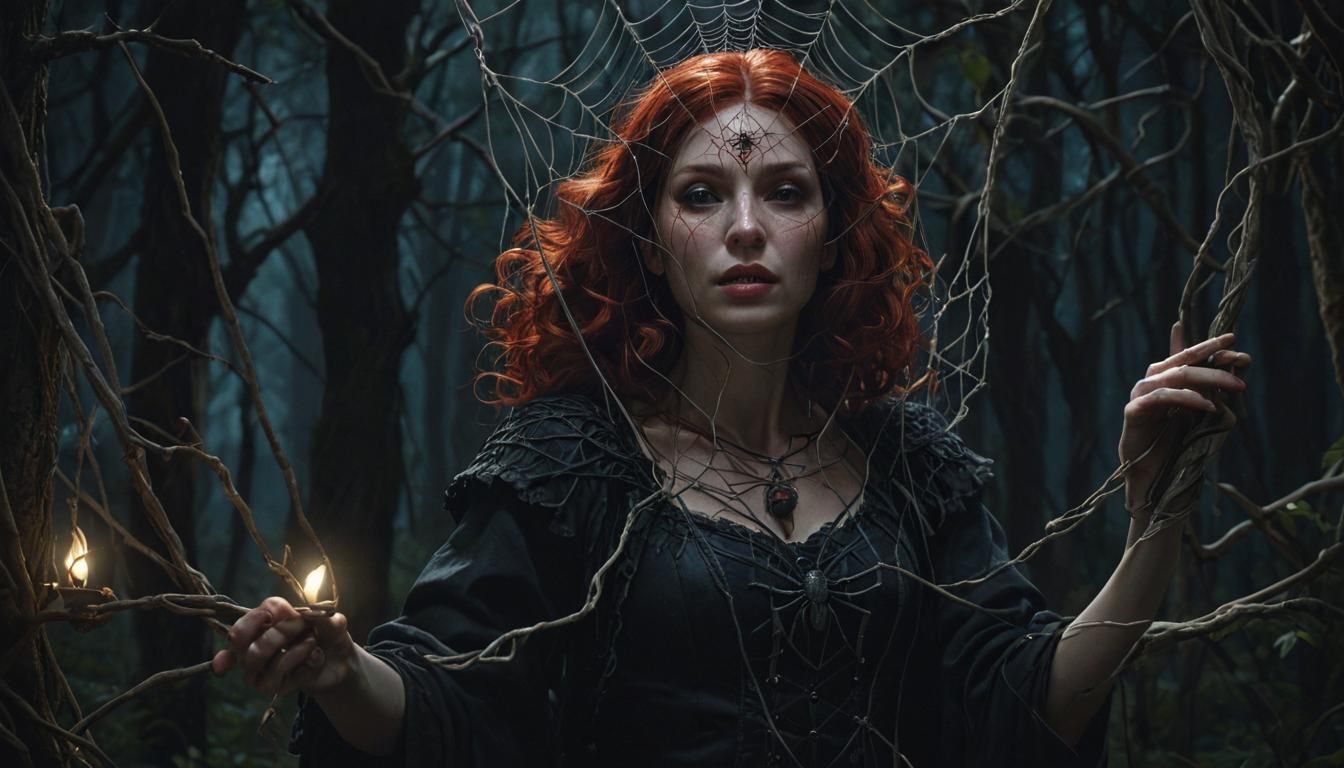 Red-Headed Witch Weaving Macrame Web in Dark Fantasy Art
