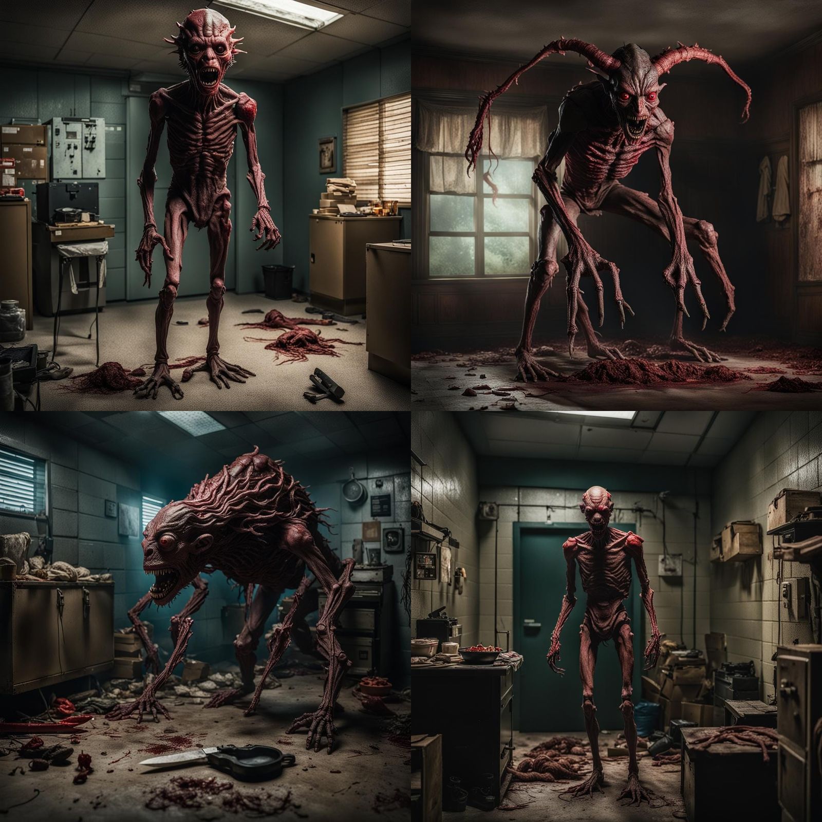 a man with a tentakel head and a knife form in a room, vecna from stranger things, demon