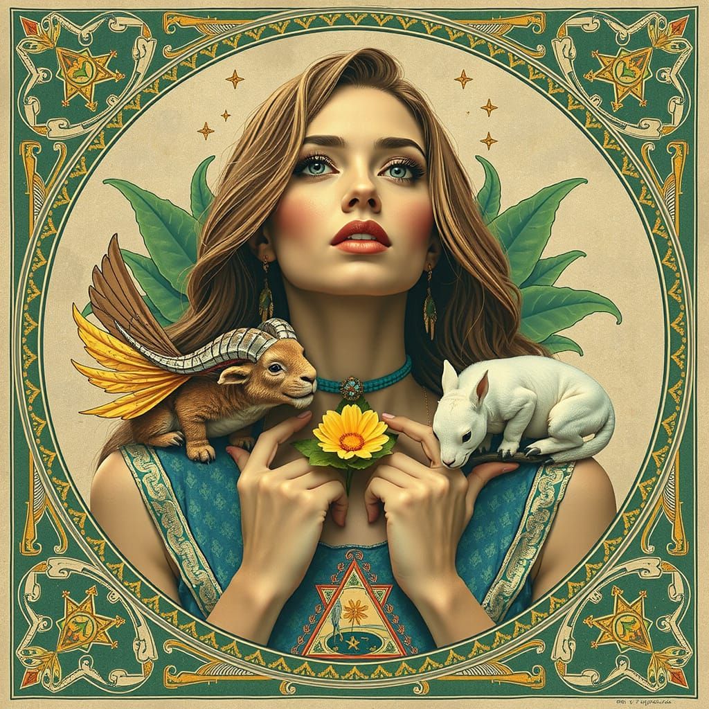 Mythical Chimera with Teal Hair Under Blue Sky