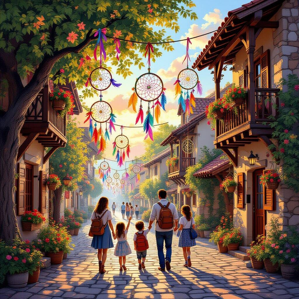 Vibrant Village Square Filled With Dreamcatchers and Wishes