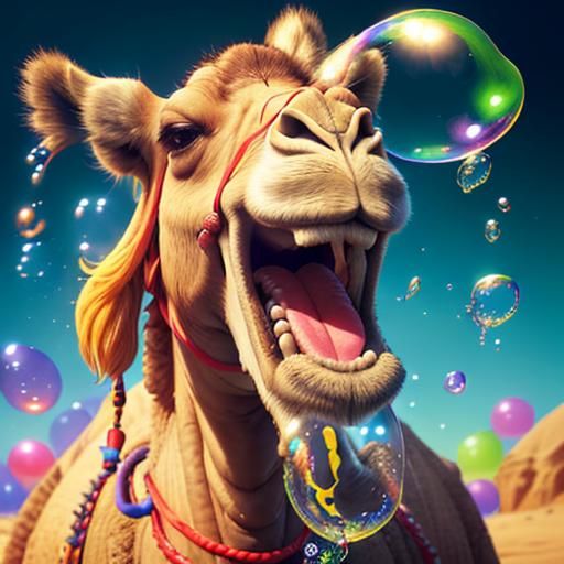 Cheerful Camel Blowing Bubblegum in Hyperrealistic Style