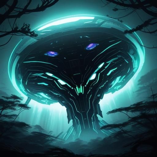 Eerie Alien Emerges in Misty Forest: Sci-Fi Art