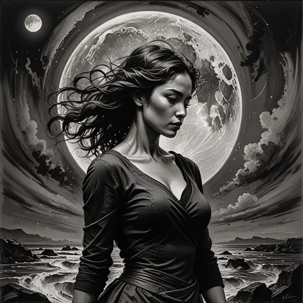 Impressionistic Oil Painting of a Woman and the Moon
