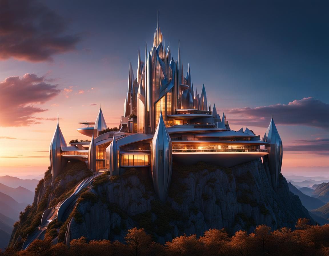 Futuristic Mountaintop Castle in Volumetric Lighting