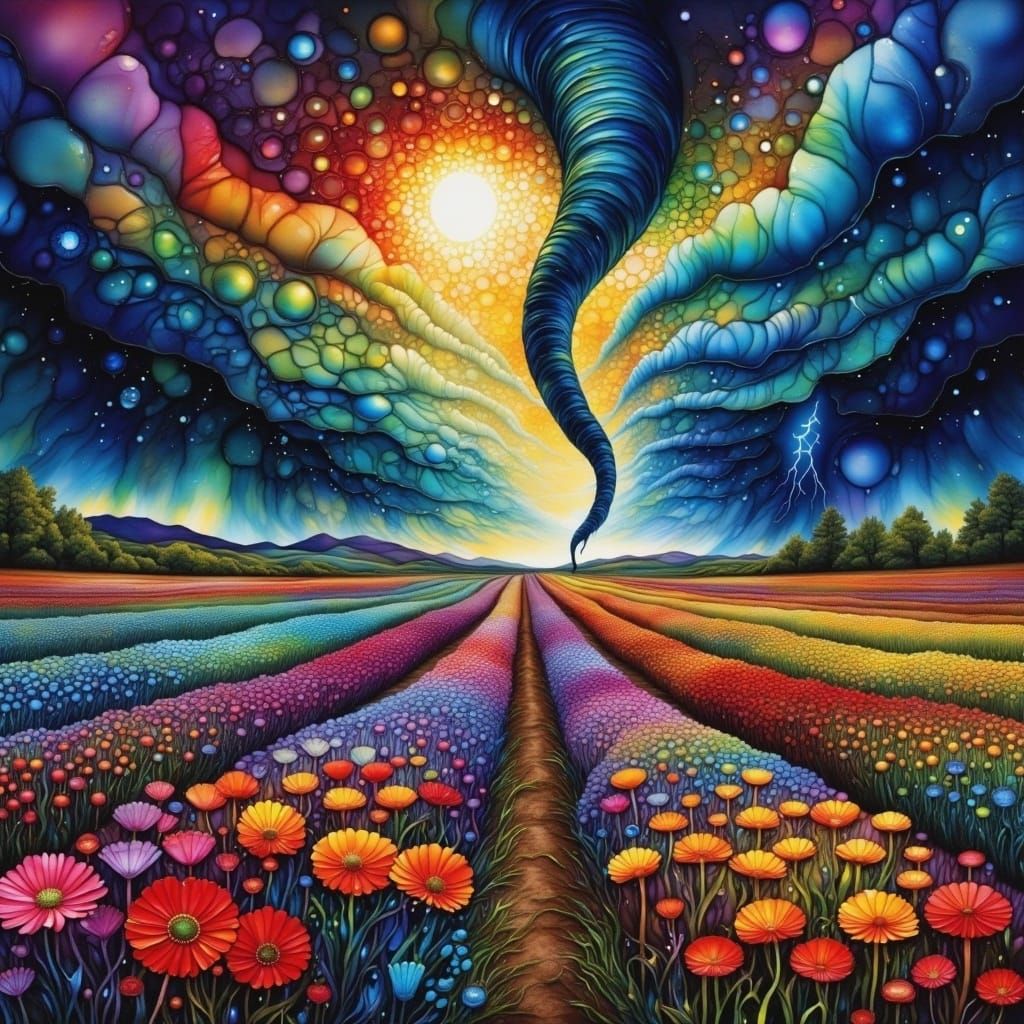 Turbulent Floral Landscape with Approaching Storm