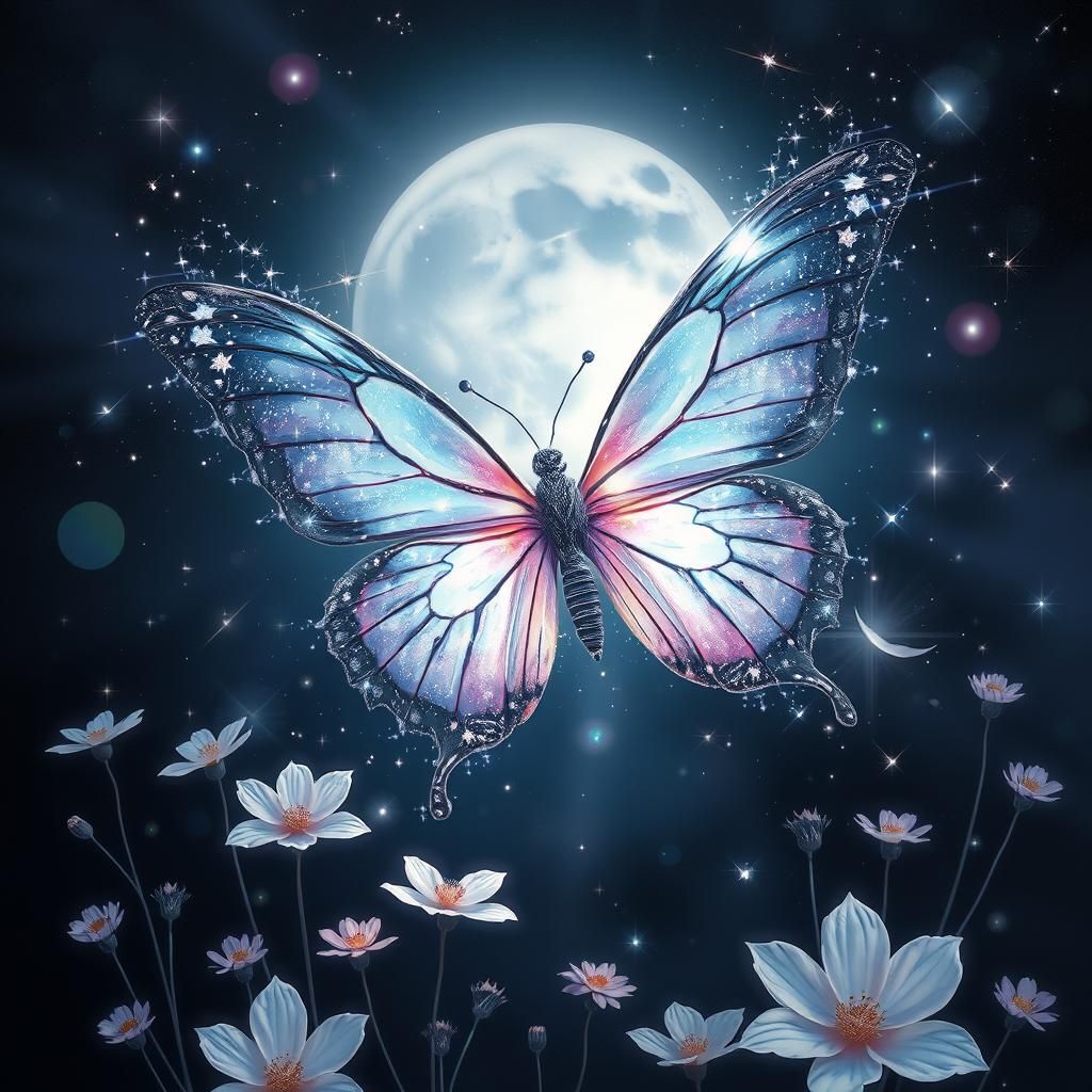 Ethereal Butterfly with Iridescent Flowers and Stars