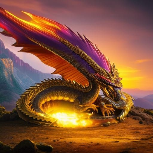 Golden Dragon with Purple Eyes on Dragon Egg