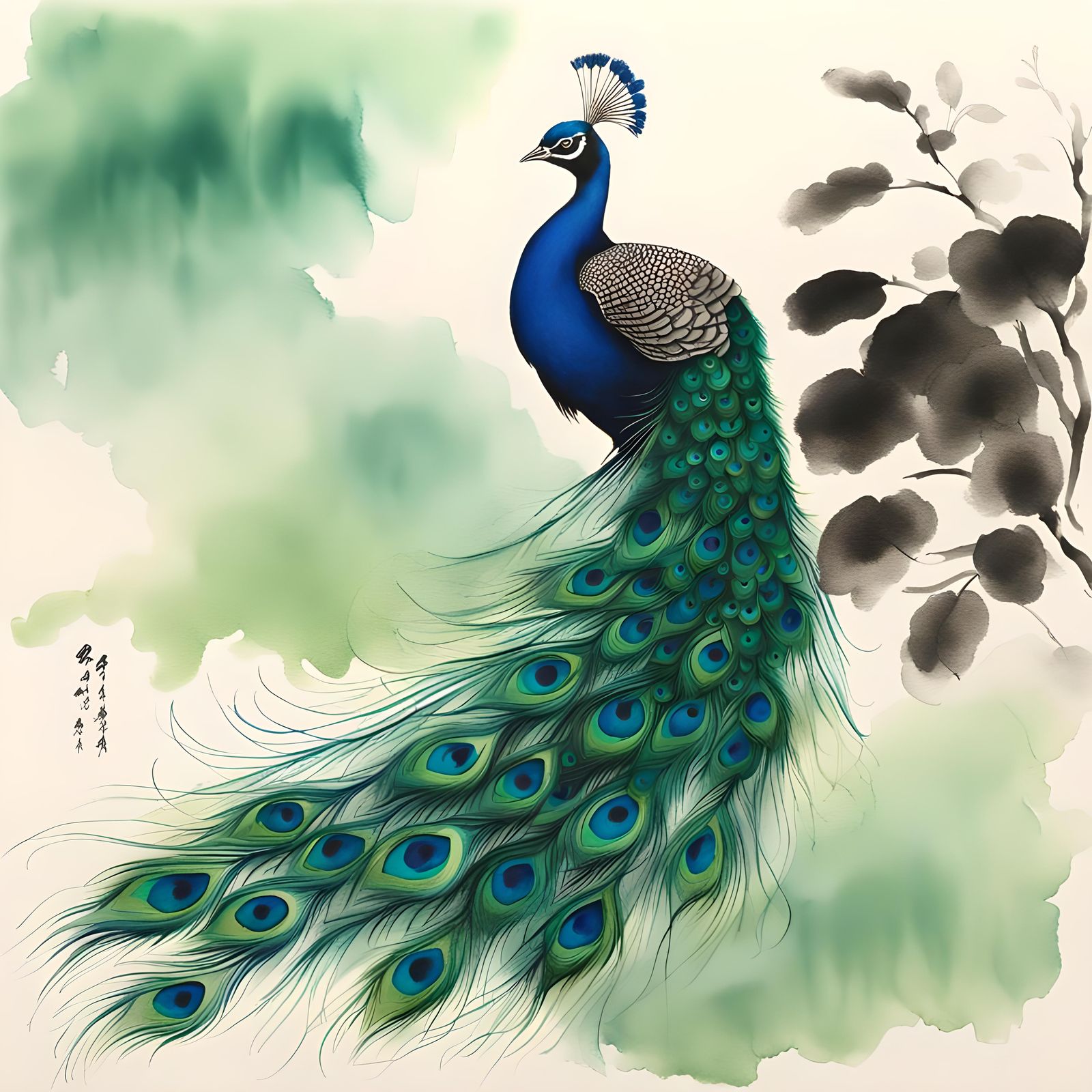 Peacock Tamamono Shrub in Japanese Ink Wash