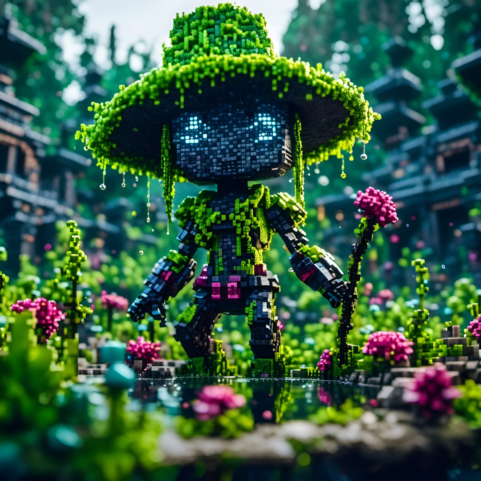 Graffiti Alien Cowgirl in Pixelated Garden