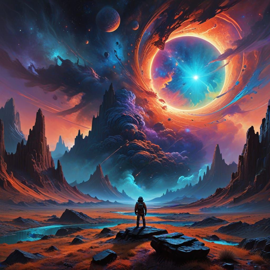 Astronaut Contemplates Nebula on Alien Planet in Hyperrealis...