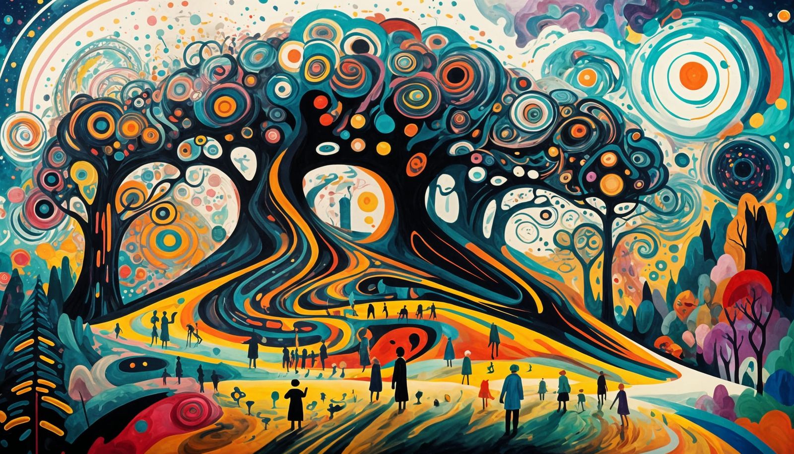 Cosmic Expressionism: Trees, Runes, and Tiny People