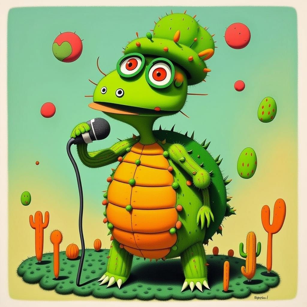 Singing Turtle with Music Notes in Whimsical Style