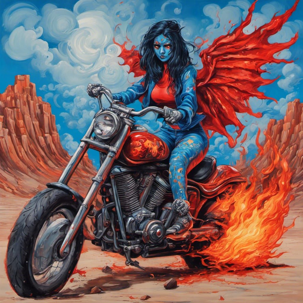 Blue Woman on Flaming Motorcycle in Giger Style