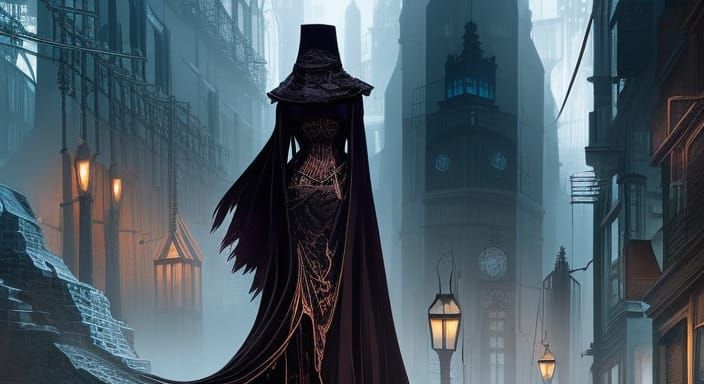 Steampunk Noir Woman in Cubist Cityscape