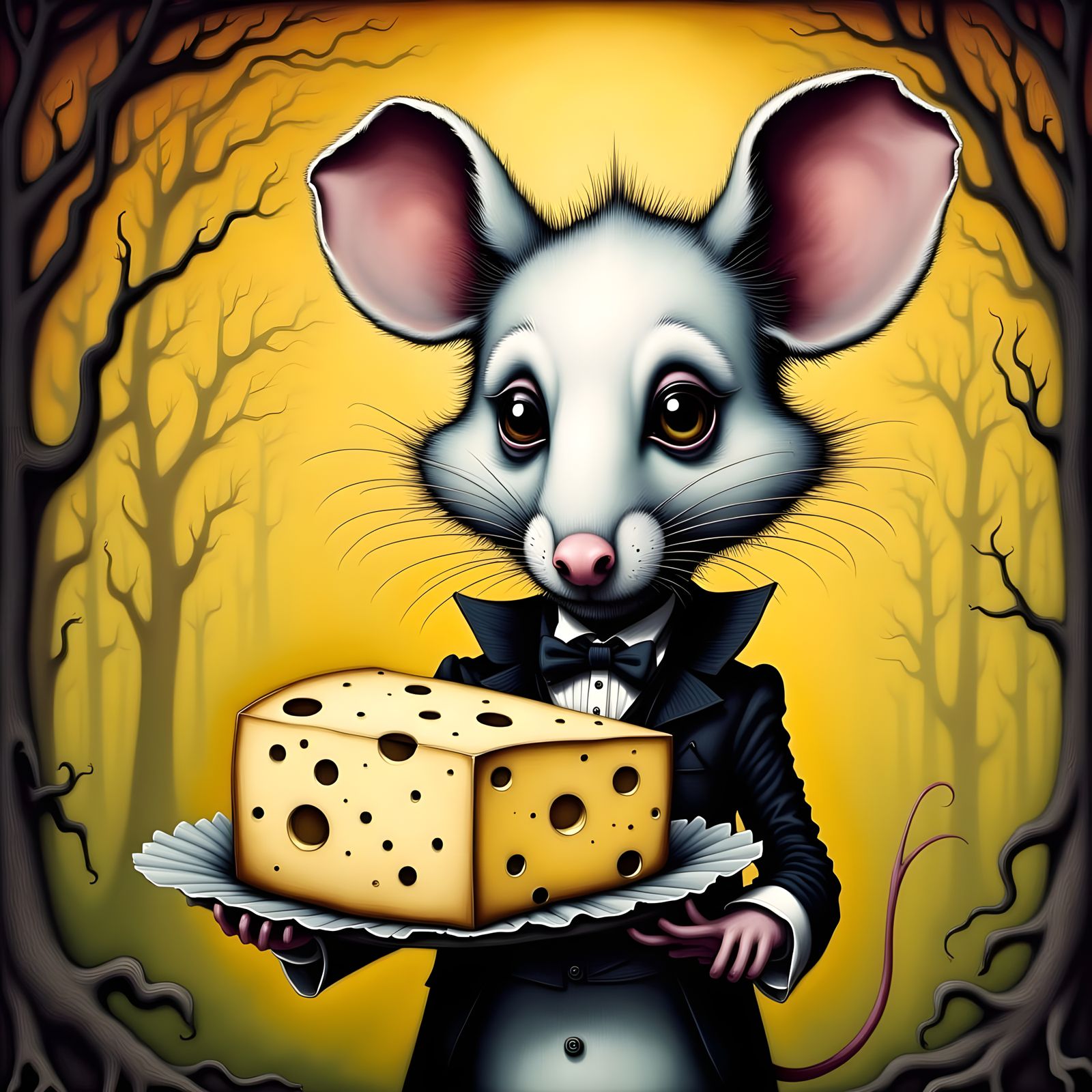 Mouse with Cheese in Dark Whimsy Style