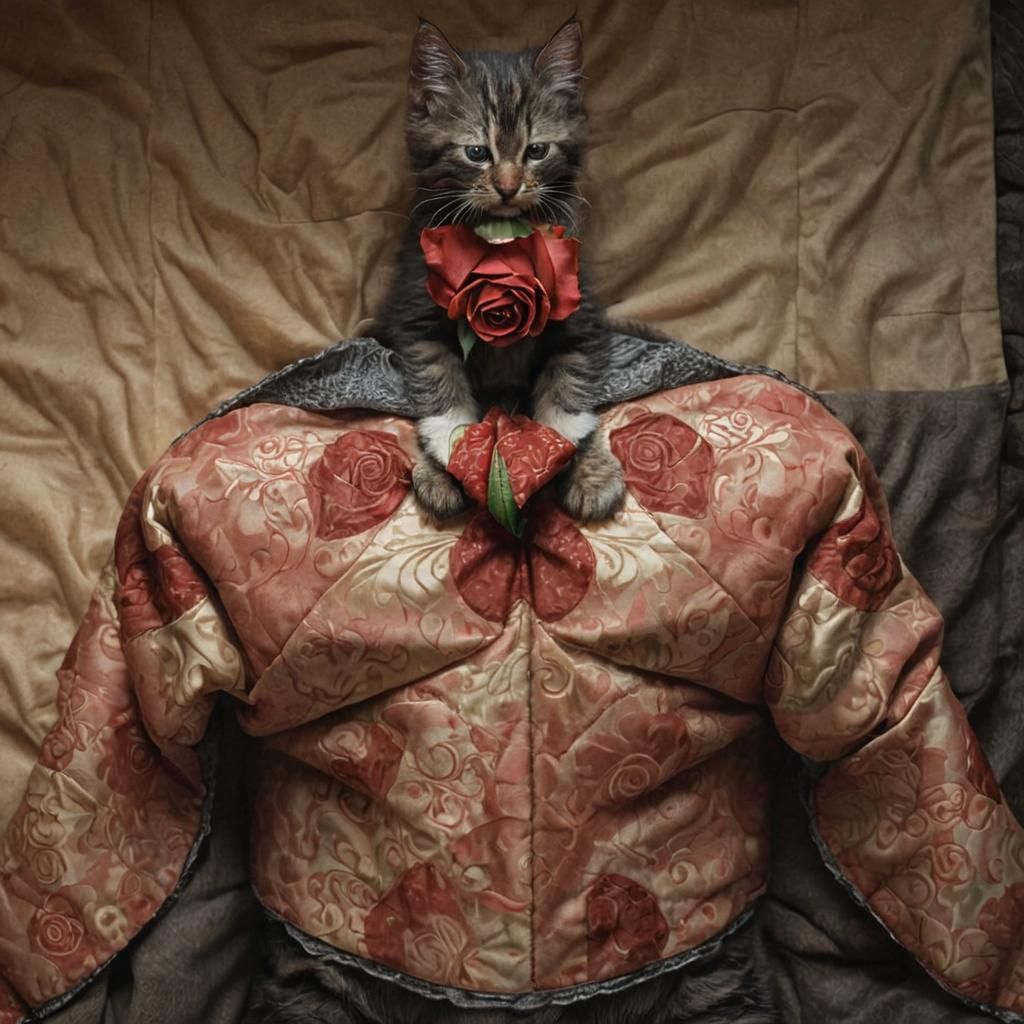 Sleeping Kitten in Rose Quilt: Whimsical Digital Art