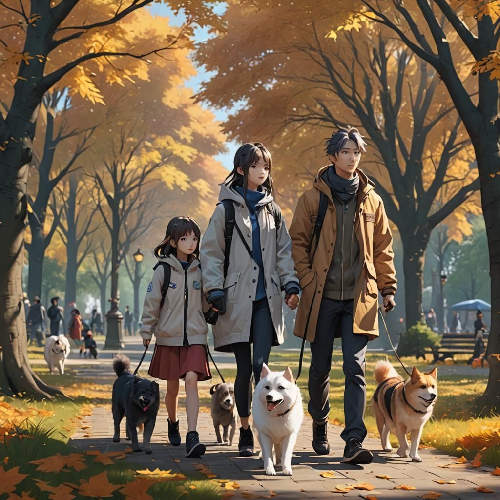 Family and Pets Walking in Park: 3D Anime Art