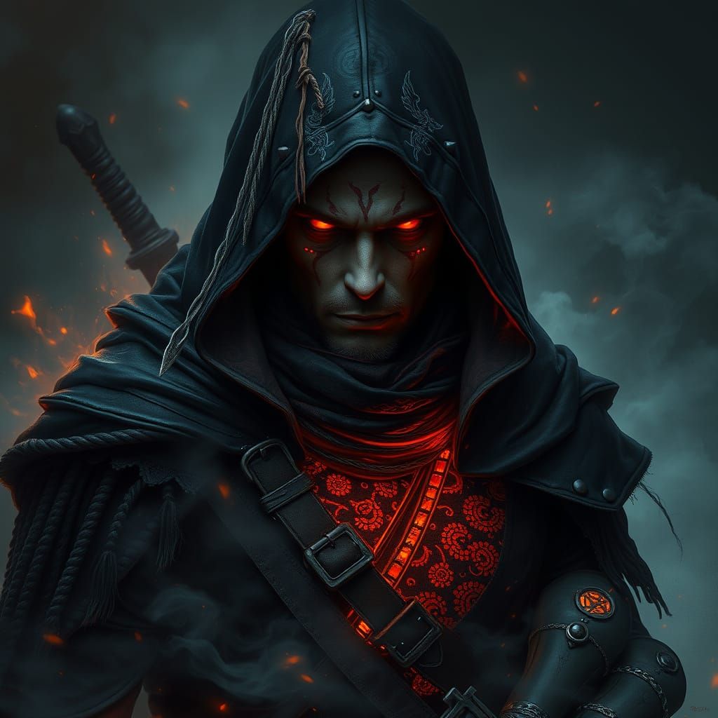 A cinematic photo of a mysterious and fierce warrior, with a dark atmosphere. The warrior is enveloped in smoke and embe...