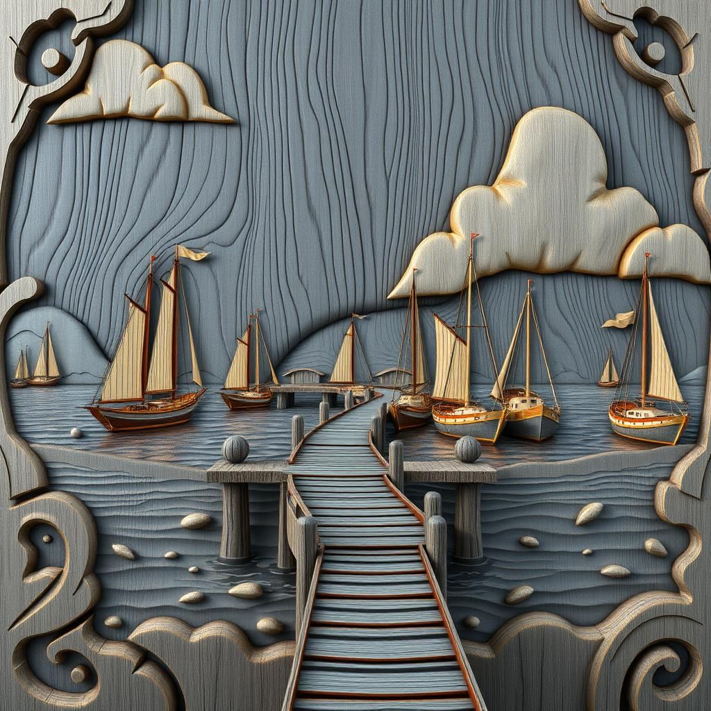 Detailed Wood Carving of a Fantasy Harbor