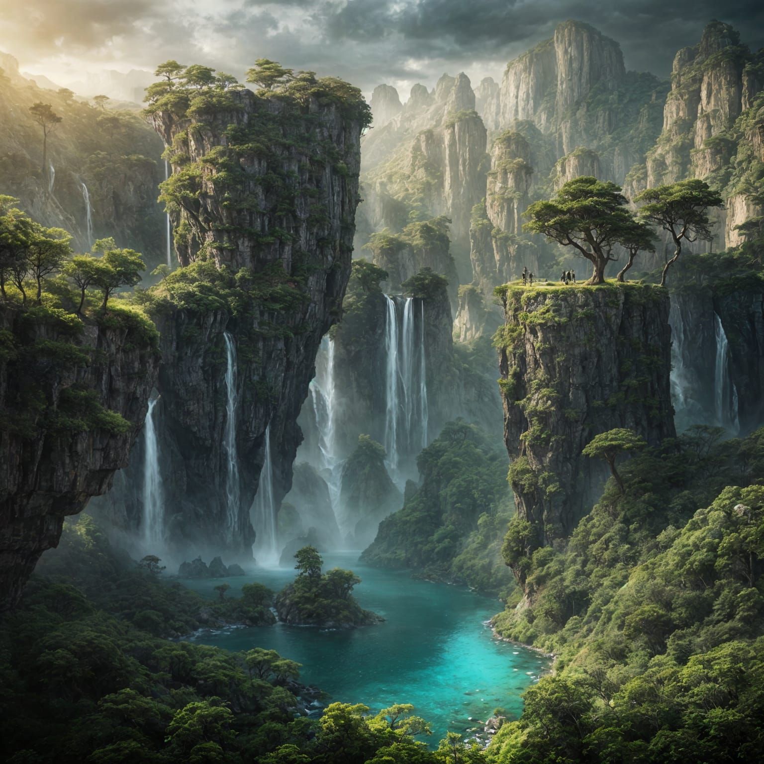 Surreal Cliffside Oasis with Waterfalls