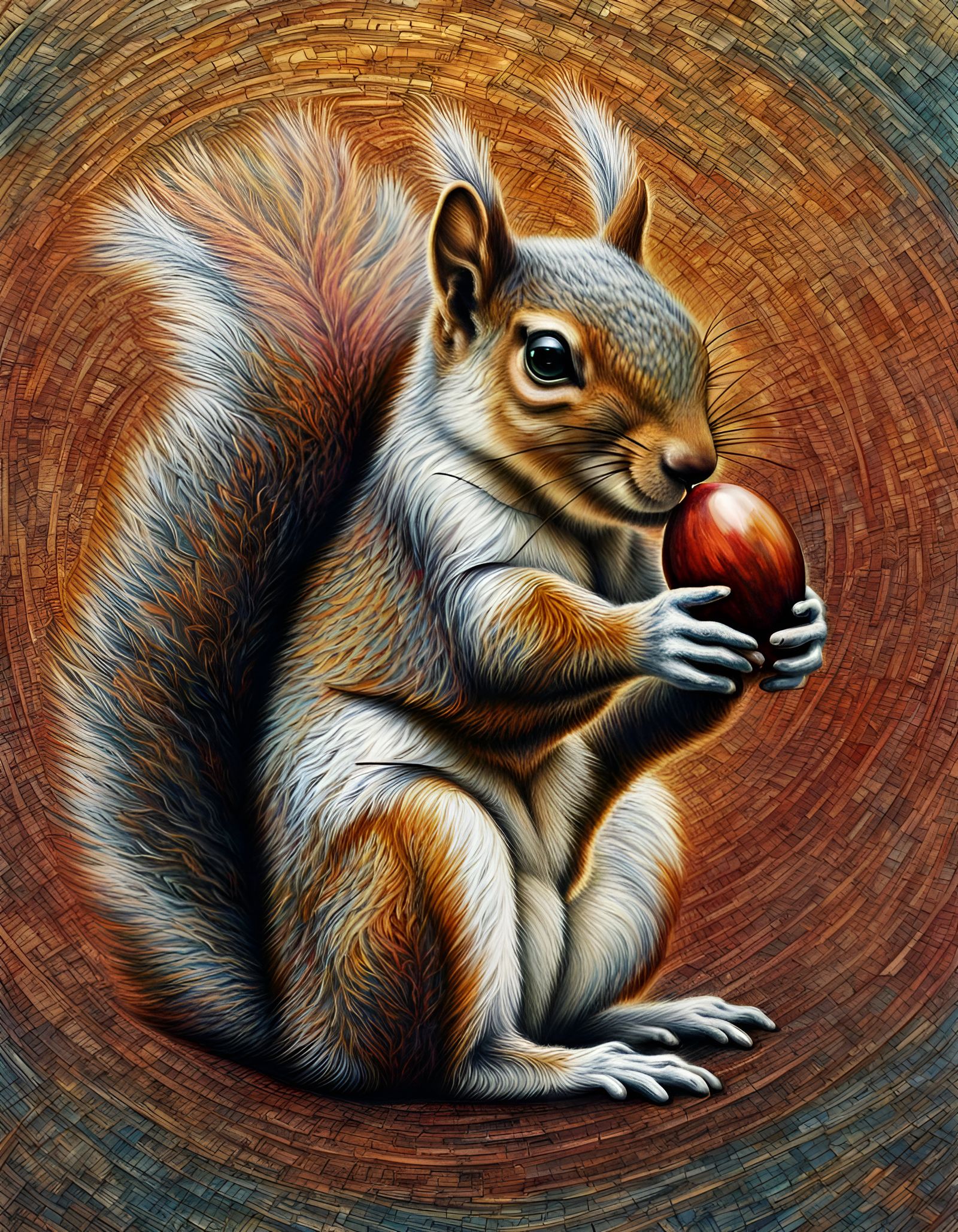 Detailed Squirrel Portrait with Acorn and Spiral Pattern