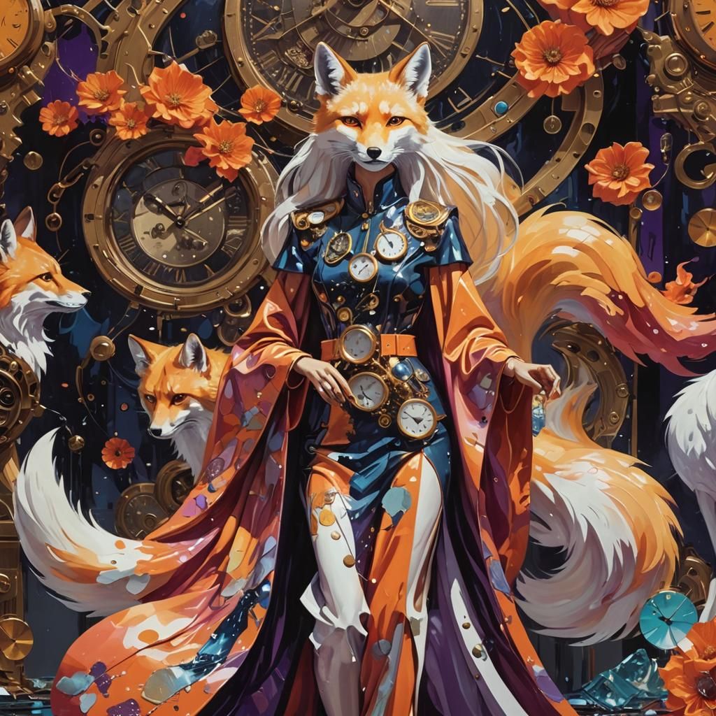 Kitsune Lady on Runway with Melting Clocks