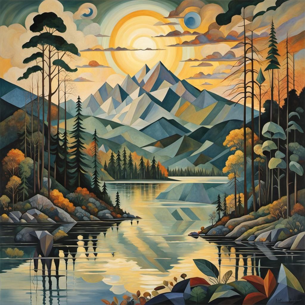 Lake and Mountain Sunset in Crystal Cubism Style
