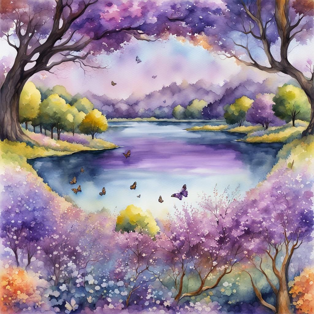 Watercolor Lake Scene with Lilac Bushes