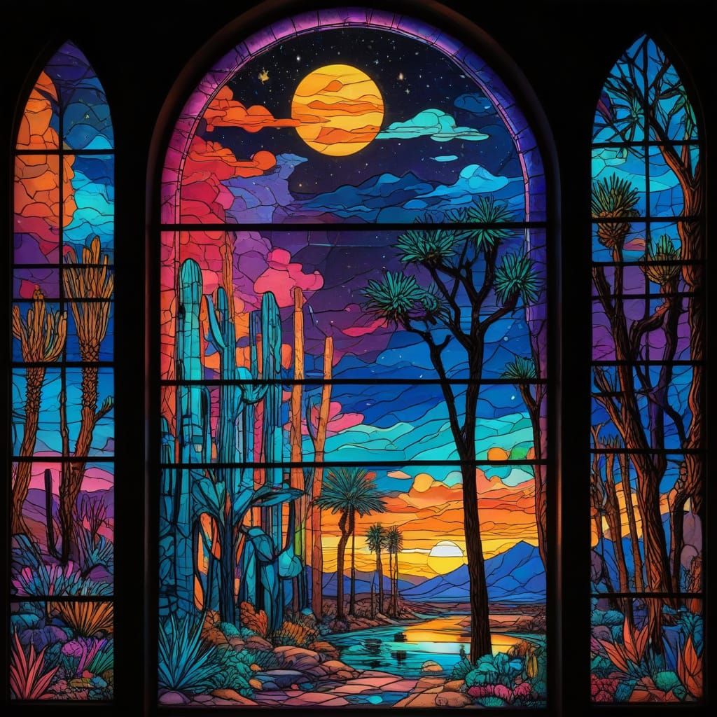Cyberpunk Desert Outpost in Stained Glass Style