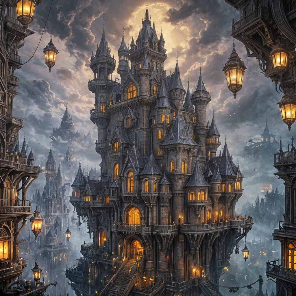 Steampunk Cyberpunk Castle in Sky, Dark Fantasy Art