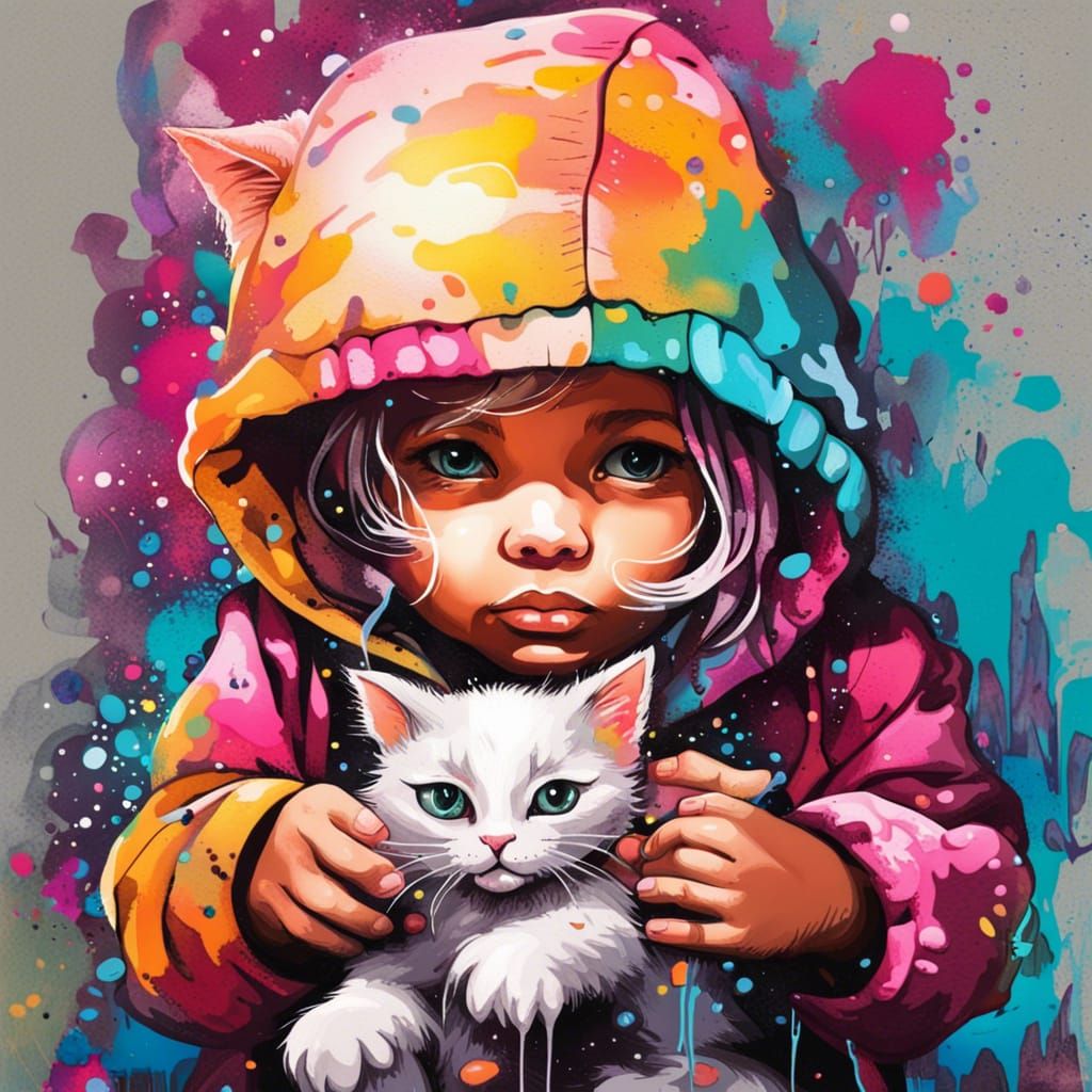 Toddler Holding Kitten in Graffiti Splash Art Style