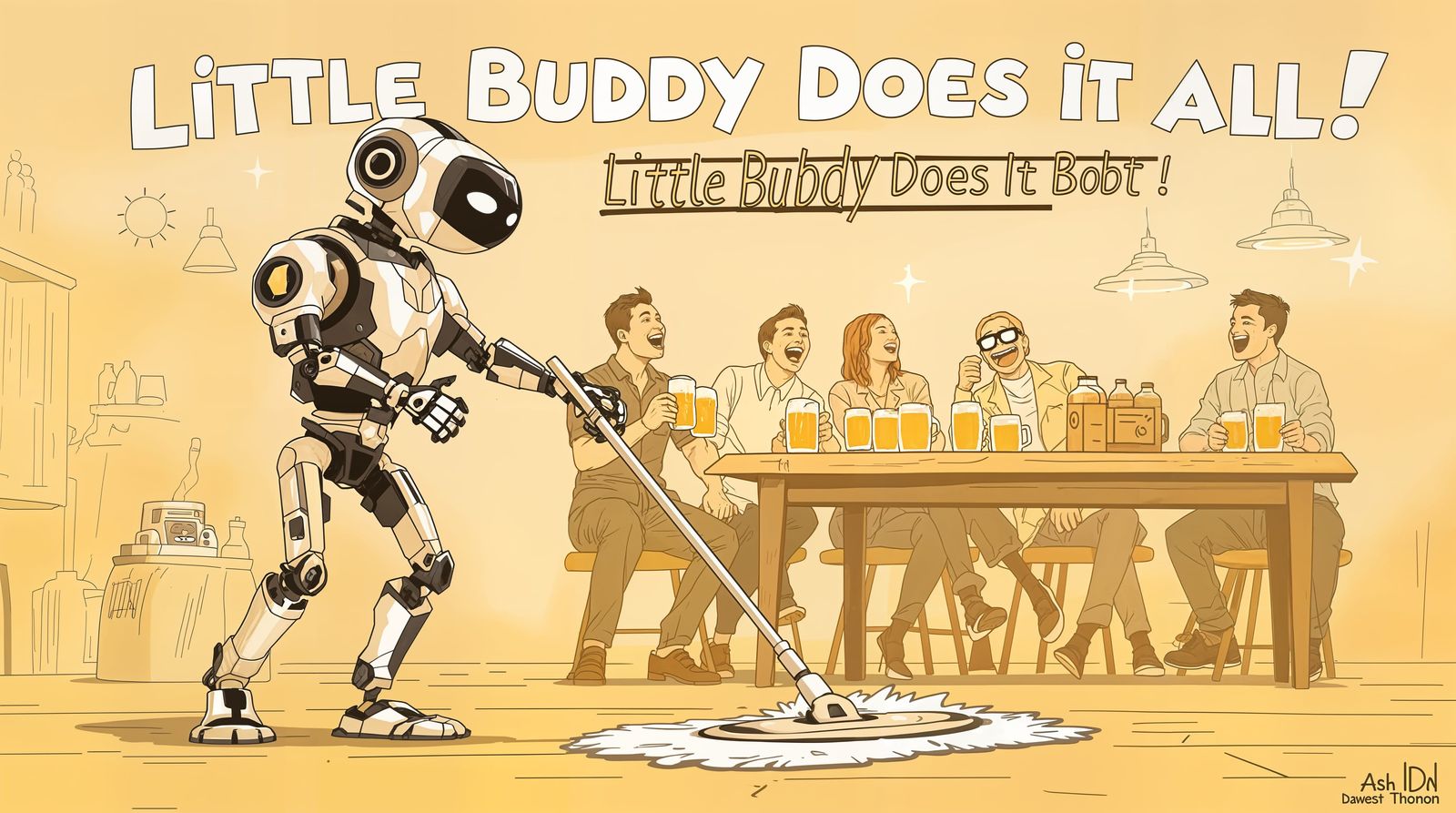 Humanoid Tesla Bot in Black and White Mopping Scene