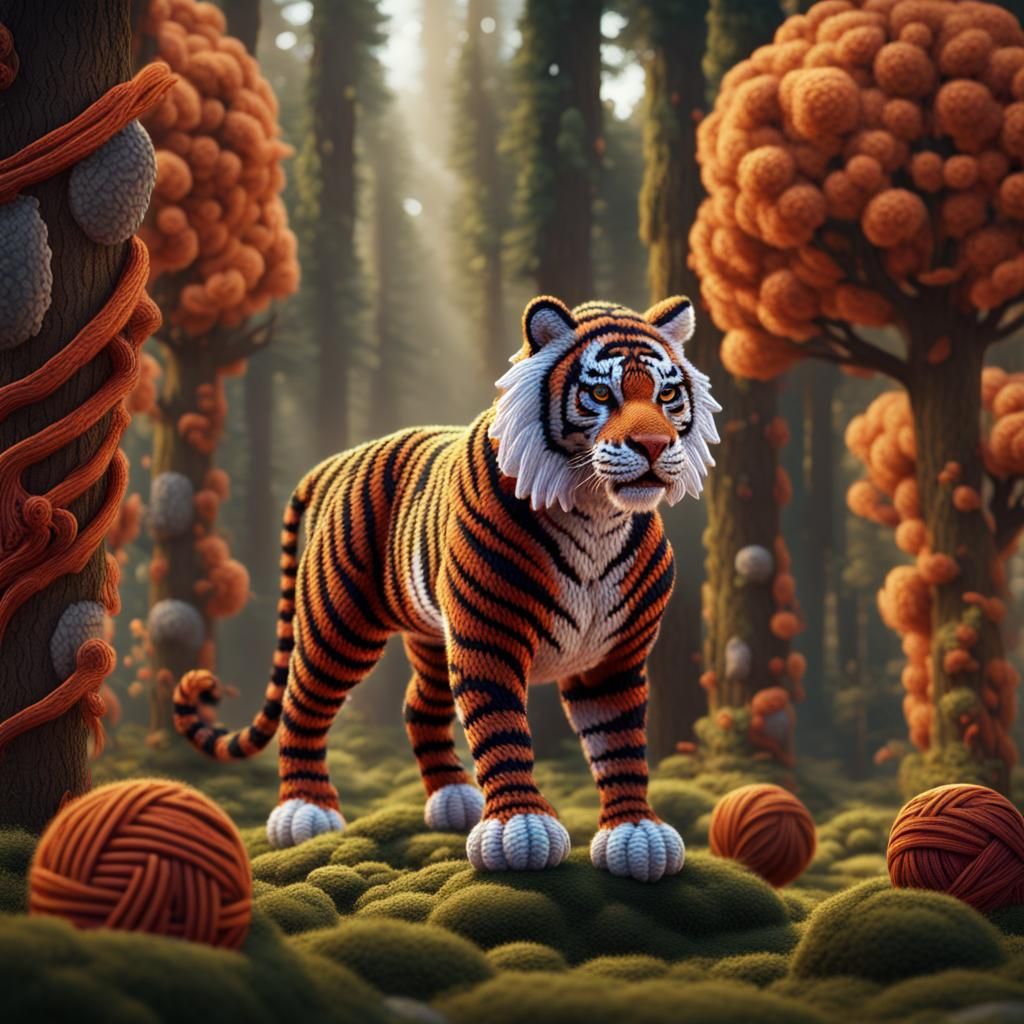 Crochet Tiger in Yarn Forest: Fantasy Concept Art