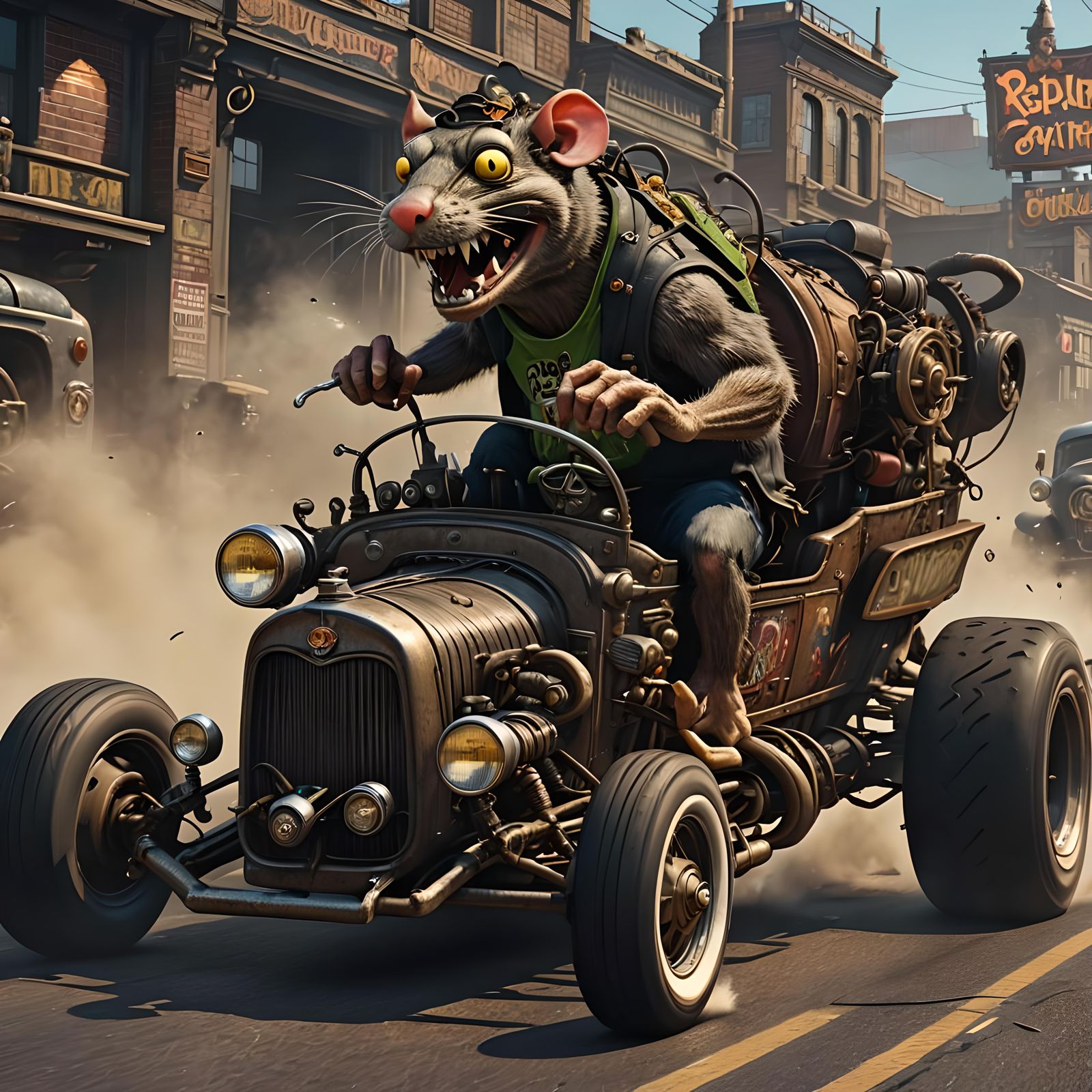 Rat Fink Driving a Rat Rod in Dark Fantasy Art