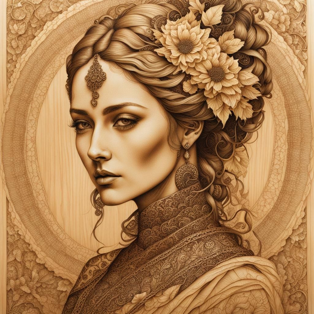 Intricate Pyrography Portrait of a Lady in Yellow