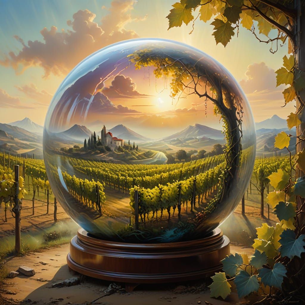 Surreal Oil Painting of a Vineyard Inside a Glass Ball