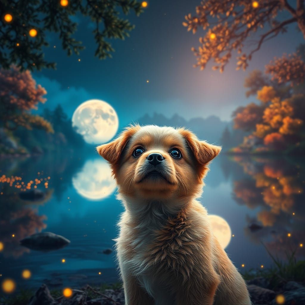 Whimsical Puppy Stares at Moonlit Reflection