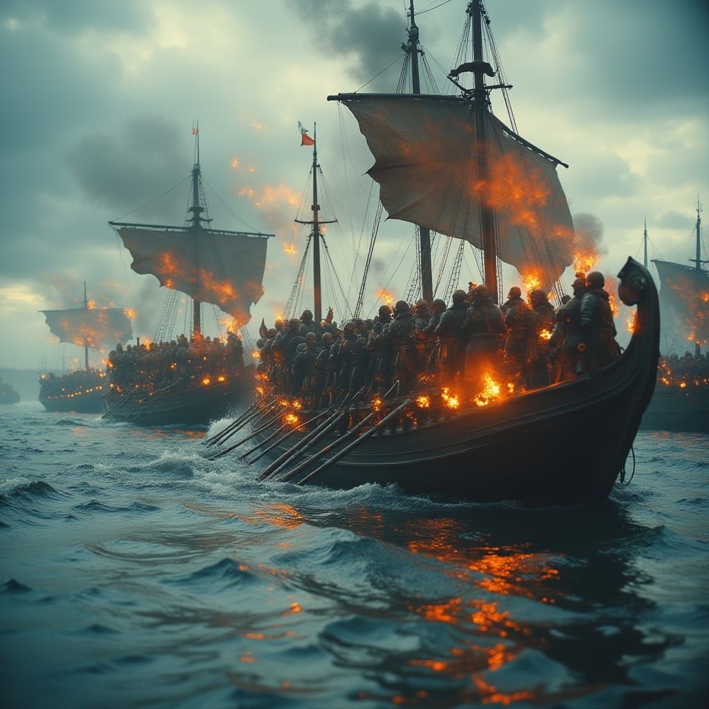 Epic Roman Galleys Clash on Stormy Sea: Film Aesthetic