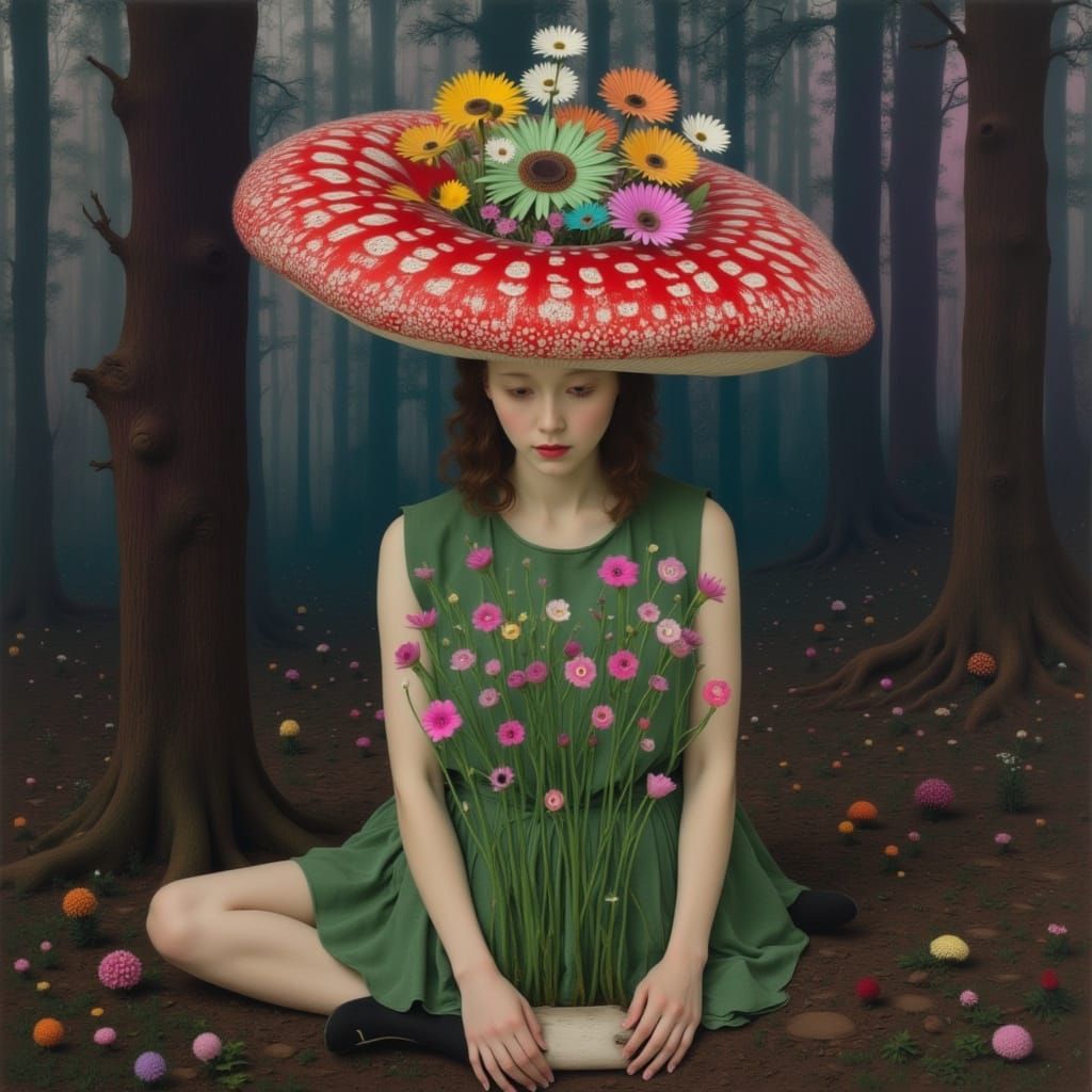 Woman in Forest with Mushroom Cap, Surreal Scene