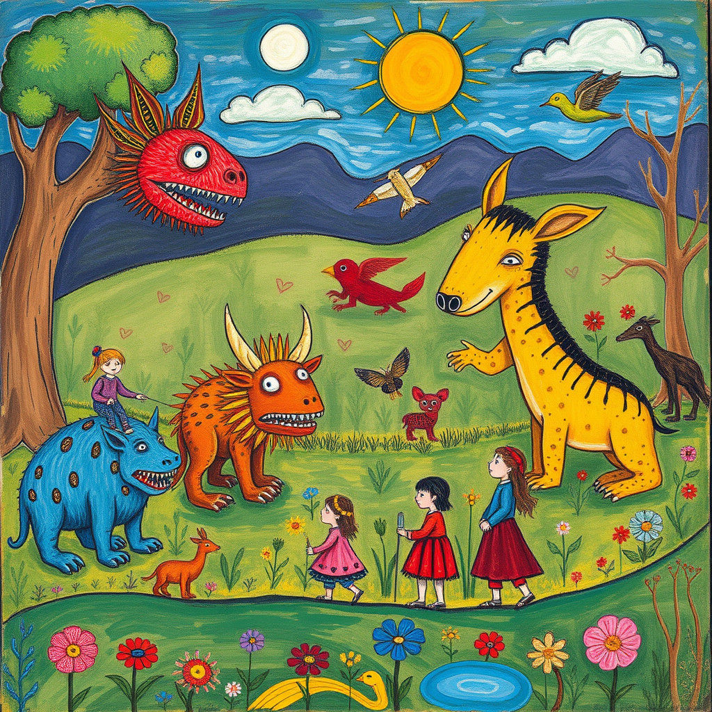 Whimsical Beasts and Children in Folk-Art Landscape