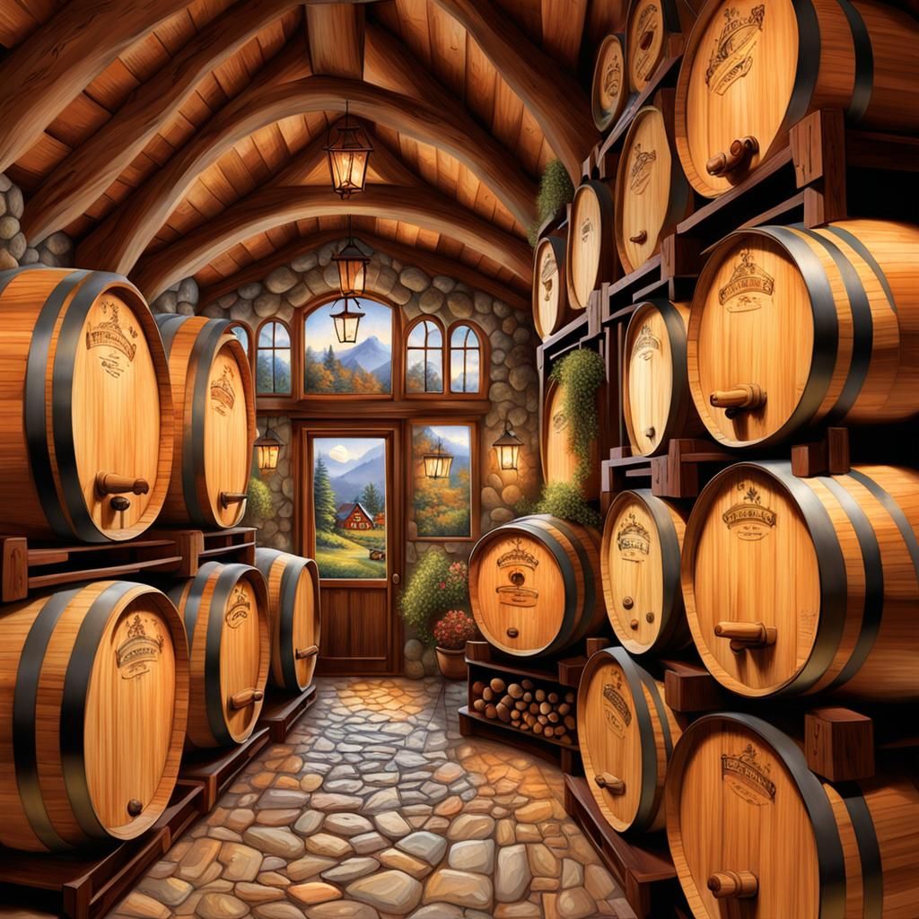 Vaulted Wine Cellar with Wooden Barrels, Kinkade Style